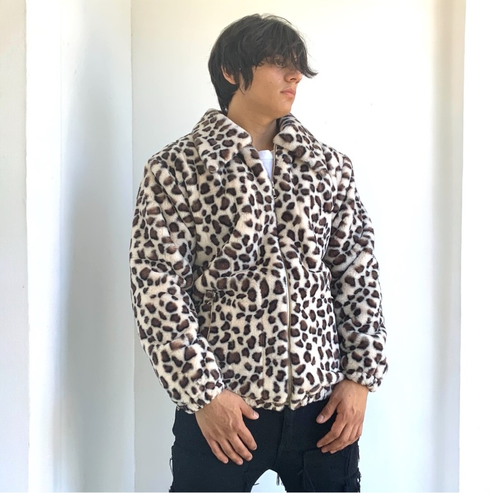 Men's Manzini Cream | Brown Leopard Faux Fur Fuzzy Coat NWT